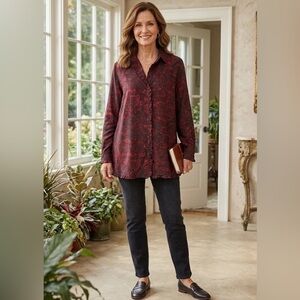 Soft Surroundings Red and Black Paisley Button-Up Shirt with Ruffled Trim